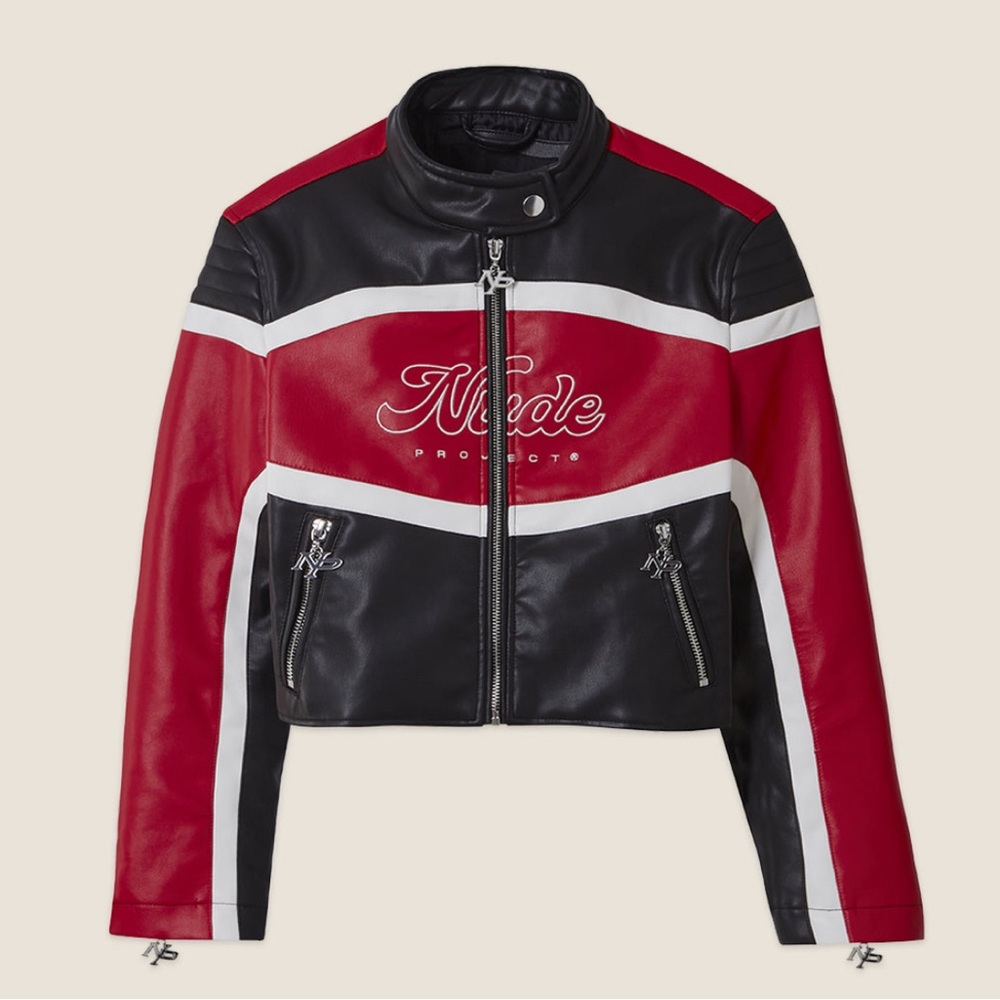 Red and black vegan leather jacket
